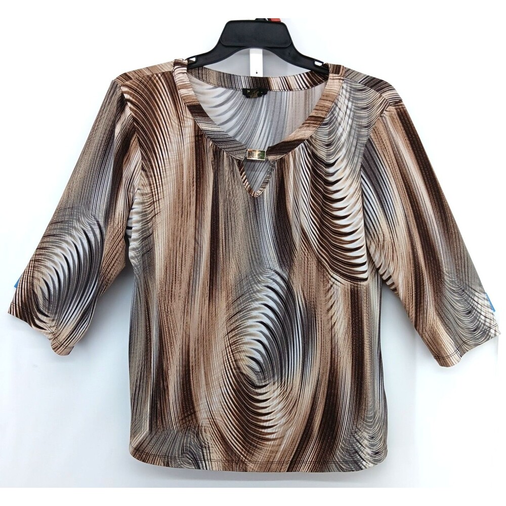 Nue Options Blouse Womens Size XL Brown Abstract Keyhole Neck 3/4 Sleeve Top